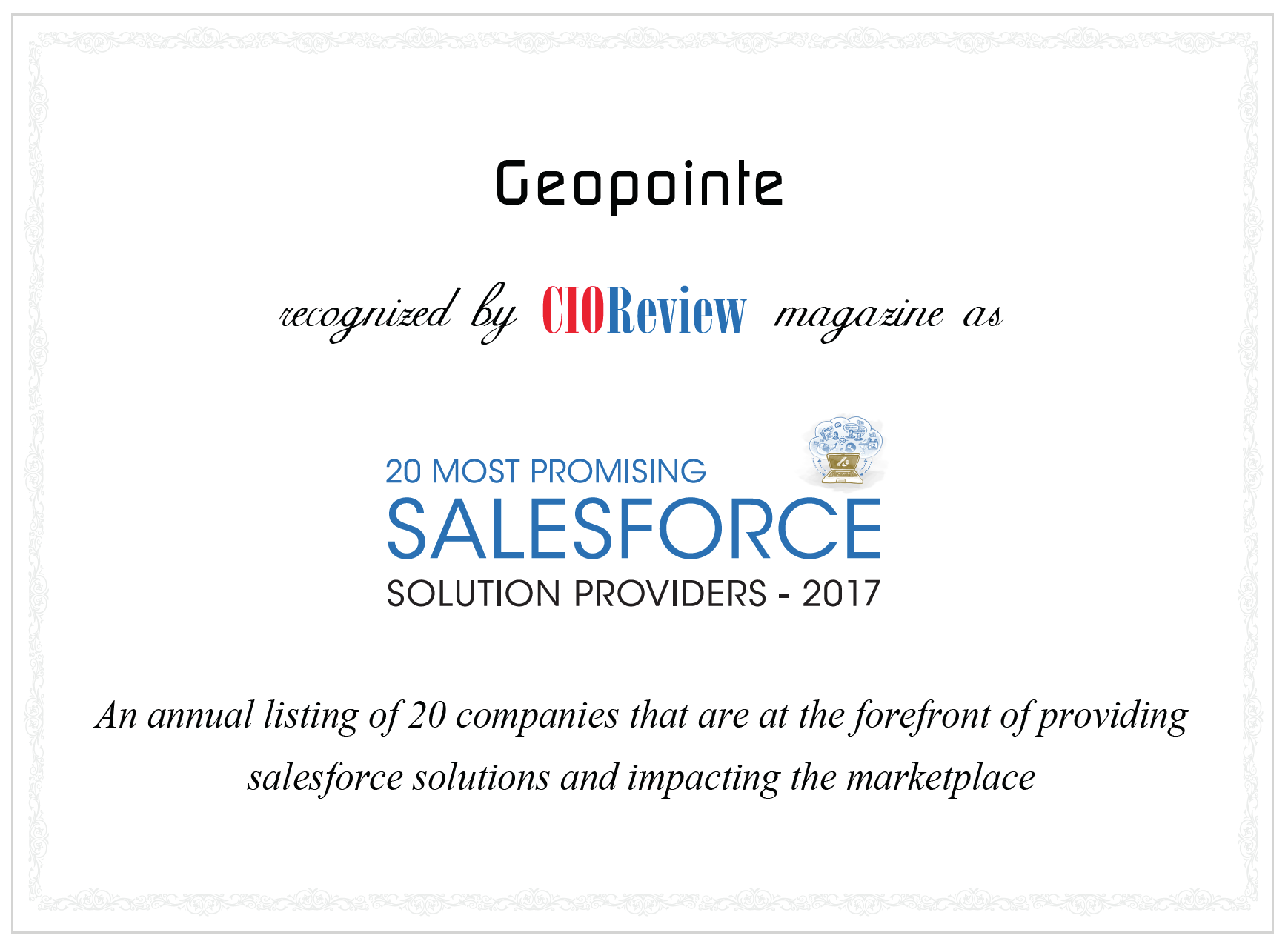 Geopointe Named a Top 20 Most Promising Salesforce Solution Provider by CIOReview