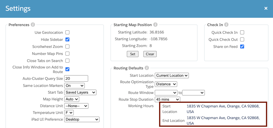 Geopointe Route Planner set start-end location automatically based on user settings