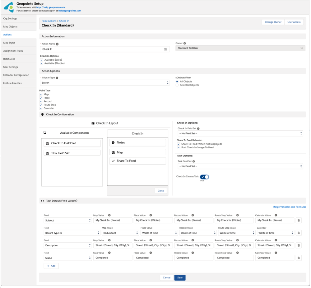 Geopointe check-in page layout editor customization options