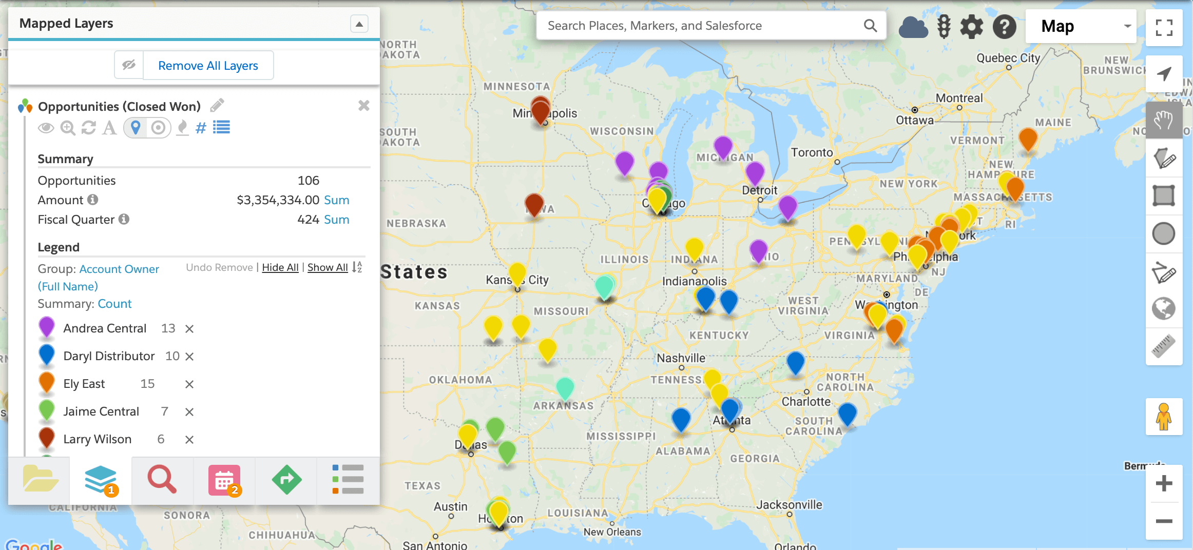 How To Use Geopointe for Marketing Departments - Product Screenshot - data visualization map accounts and customers