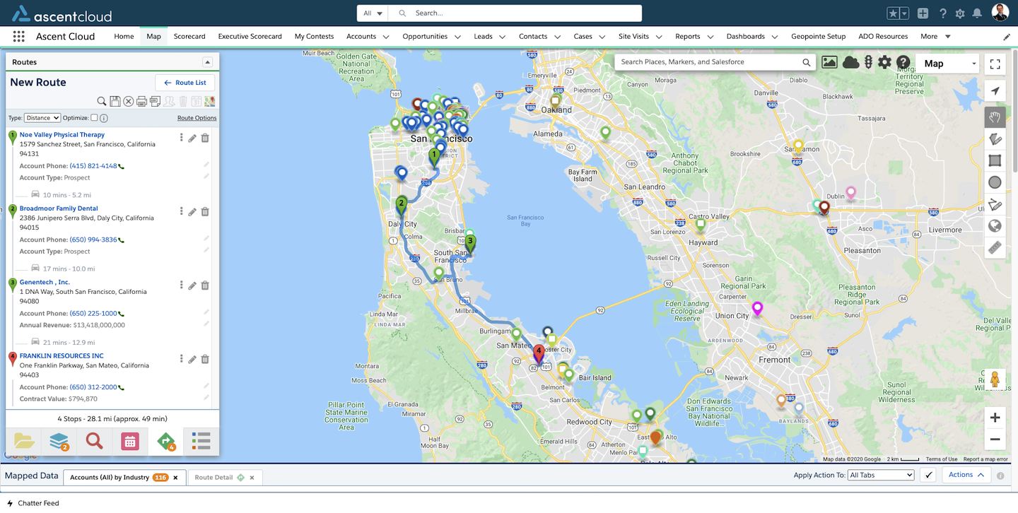 Geopointe Route Planner - overview of optimized route UI